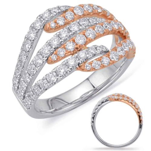 This diamond ring is featured in 14K rose gold with 14k white gold. Displaying 70 set diamonds, with a total carat weight of 1.11 carats. This ring can be worn for any occasion. 14k White & Rose Gold Ring