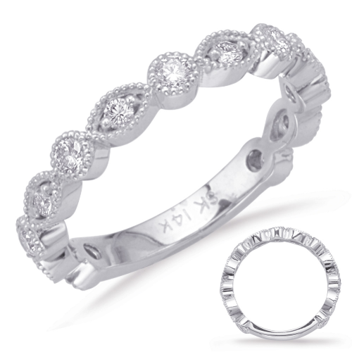 This band is available in 14K White Gold. There are a total of 13 stones. There are round diamonds with a total carat weight of 0.54ct set in a Bezel Set / Micro Prong setting 14k White Gold Diamond Stack Band