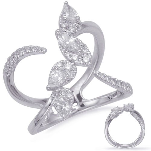 This fashion diamond ring is available in 14K White Gold. There are a total of 36 stones. There are marquise diamonds with a total carat weight of 0.17ct set in a Micro Prong / Prong Set setting there are pear shape diamonds with a total carat weight of 0.32ct set in a Micro Prong / Prong Set setting. there are round diamonds with a total carat weight of 0.33ct set in a Micro Prong / Prong Set setting. 14k White Gold Diamond Ring
