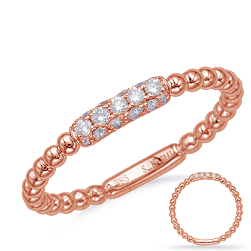 This band is available in 14K Rose Gold. There are a total of 17 stones. There are round diamonds with a total carat weight of 0.18ct set in a Micro Prong setting 14k Rose Gold Ball Diamond Ring