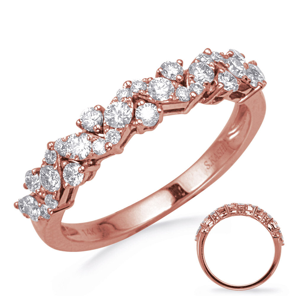 This band is available in 14K Rose Gold. There are a total of 31 stones. There are round diamonds with a total carat weight of 0.53ct set in a Micro Pave / Prong Set setting
14k Rose Gold Diamond Band