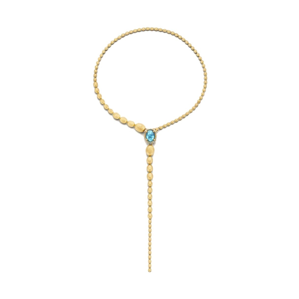 This Nanis, Dancing In The Rain necklace, is an elegant and versatile piece to wear for any occasion. Featuring two different ways to wear the chain: with two different settings. On one side you have a London Blue Topaz, with Mother of Pearl: while on the other you have a pavè of blue diamonds, green sapphires, and blue topaz. You'll never want to take it off. Dancing In The Rain Reverse Necklace Blue/Green
