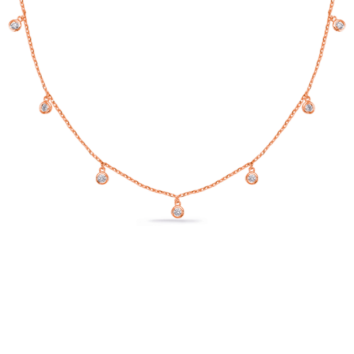 This necklace is available in 14K Rose Gold. There are a total of 7 stones. There are round diamonds with a total carat weight of 0.42ct 14k Rose Gold Dangling Diamonds Necklace