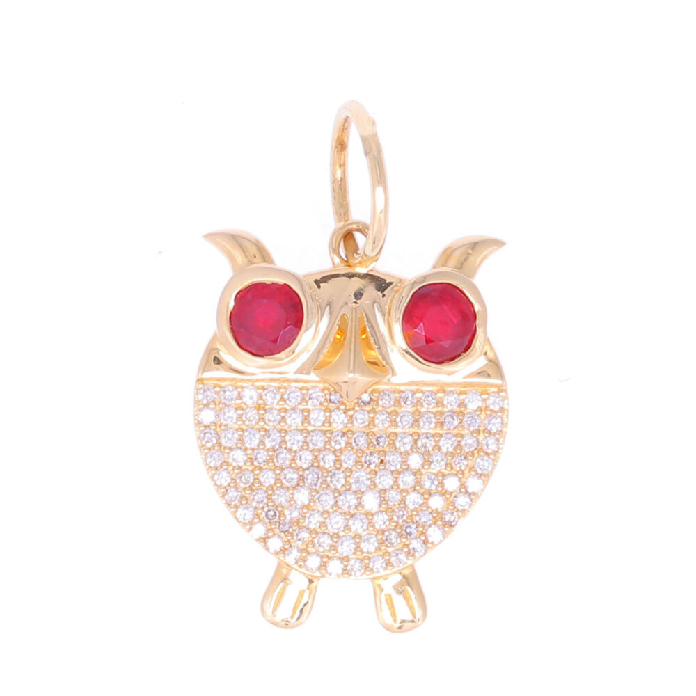 Hoot, Hoot! This adorable 14k yellow gold owl pendant features a diamond encrusted body and ruby red eyes. Perfect by itself or match it with other charms to create your own unique look. <div><br></div><div><ul><li>Handcrafted 14k Gold</li><li>0.32tcw of Diamond</li><li>2 Faceted Rubies</li></ul></div> Owl Pendant with Ruby Eyes and Diamond Body