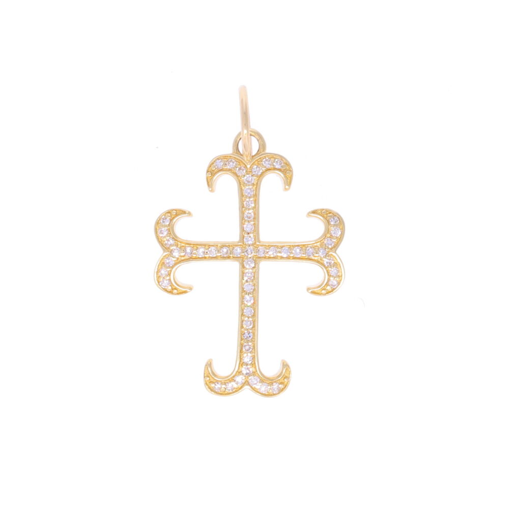 Inspired by the crosses of our past, this 14k yellow gold cross has been artfully enhanced with glimmering diamonds. Perfect to wear everyday alone or stack it up with a few more pendants and chains to create a look that is as unique as each of us. <div><br></div><div><ul><li>Handcrafted 14k Gold</li><li> 0.20tcw of Diamond</li></ul></div> 14k Sprouted Cross with Diamonds