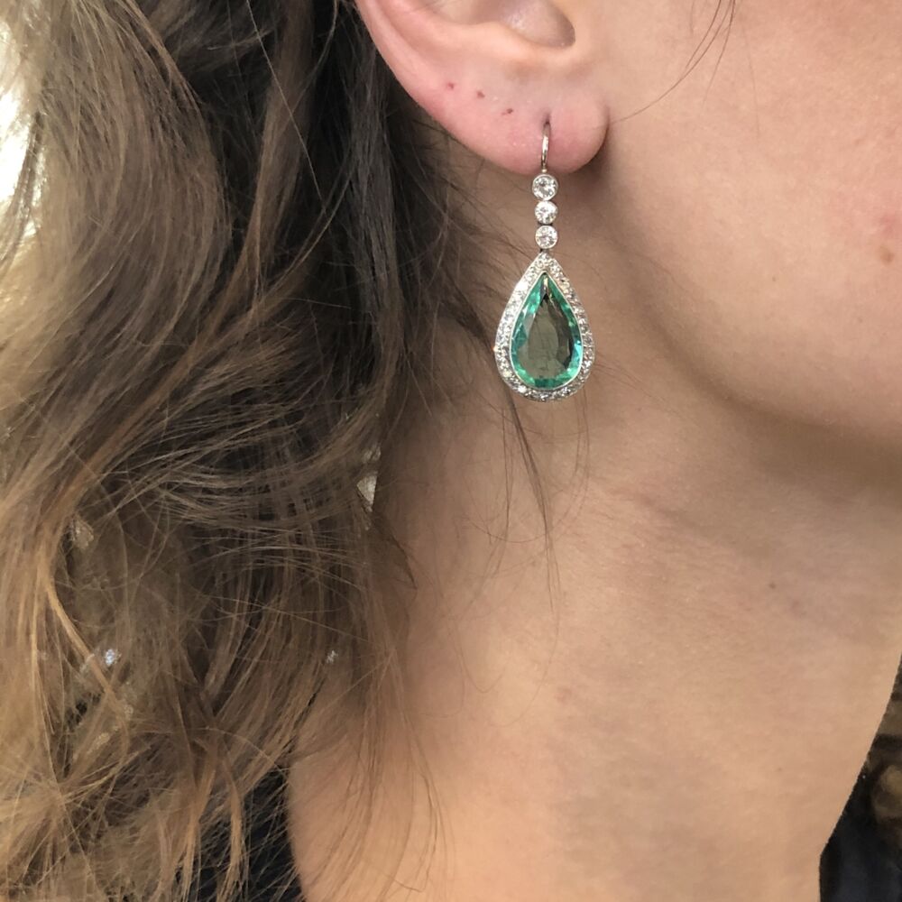 Image 2 for Platinum Pear Emerald & Diamond Drop Earrings
