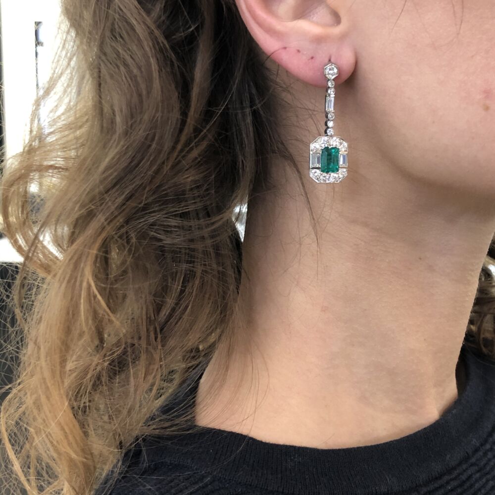 Image 2 for 1950's Platinum Emerald & Diamond Earrings