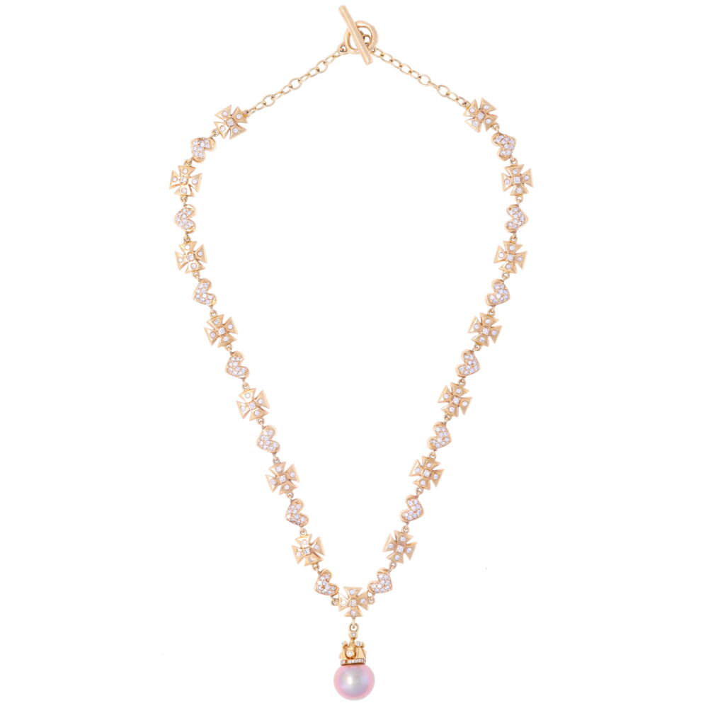 This show stopping necklace, will make everyone in the room look your way. Set in 14k yellow gold, this chain comprised of alternating hearts and crosses, has a large crown capped pearl to finish off this beautiful statement piece. This would be wonderful with a sweetheart neckline dress to show of the true beauty of this piece of art. A true heirloom piece, your children's children will one day crave to wear!<div><br></div><div><ul><li>Estate Period - Late 80's</li><li>Diamond</li><li>14k Gold</li></ul></div> Maltese Cross Heart Grey Pearl