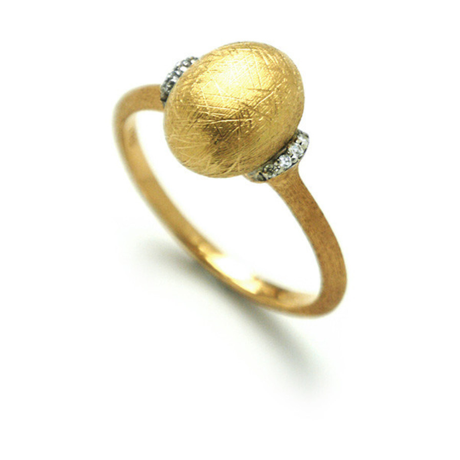 This 18k yellow gold ring brought to you by Nanis, features a small brushed gold bead with two diamond stations on either side. This is perfect for everyday wear, and will match anything in your closet! Dancing In The Rain Small Bead Ring