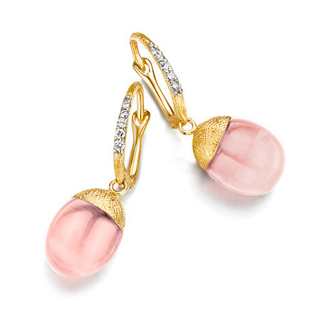 These exceptional earrings are featured in a 18k yellow gold and have set diamonds on the front of both the french hooks. Dangling down from each of the hooks is a capped 9.5 total carats of pink chalcedony gemstone. These wonderfully colorful earrings would be perfect for any time of day. Dancing Color Pink Chalcedony Earrings
