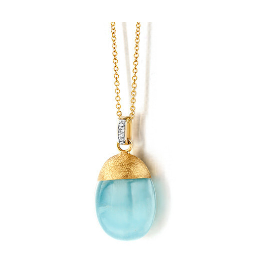 This delicate necklace brought to you by Nanis, features a classically lightweight chain with a diamond studded bezel. The pendant is made of a capped 12.5 carat blue chalcedony gemstone. This necklace is perfect to wear casually, or can be easily dressed up for any night of the week. Dancing Color Blue Chalcedony Necklace