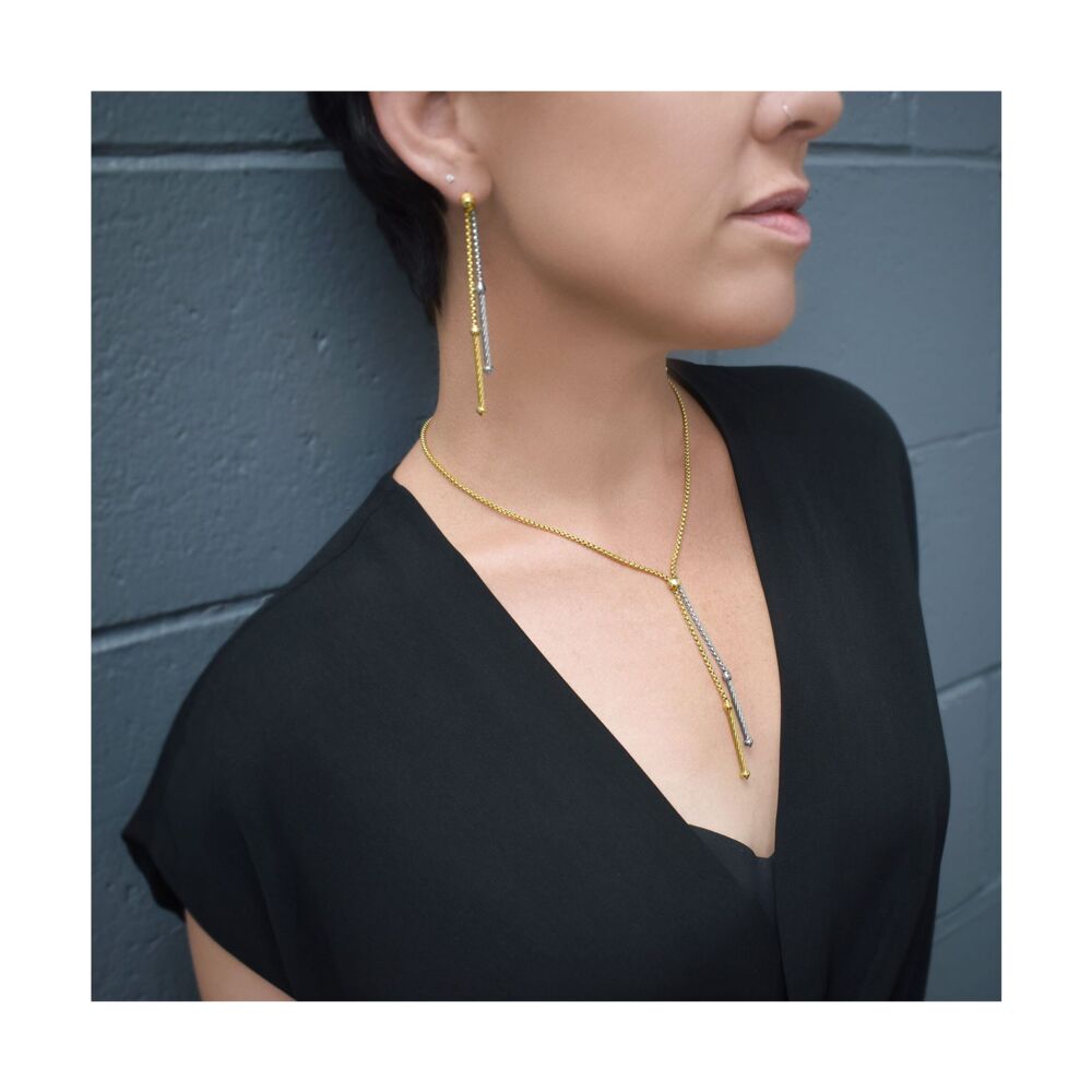 Image 2 for Grey & Yellow Chain Double Drop Cable Earrings