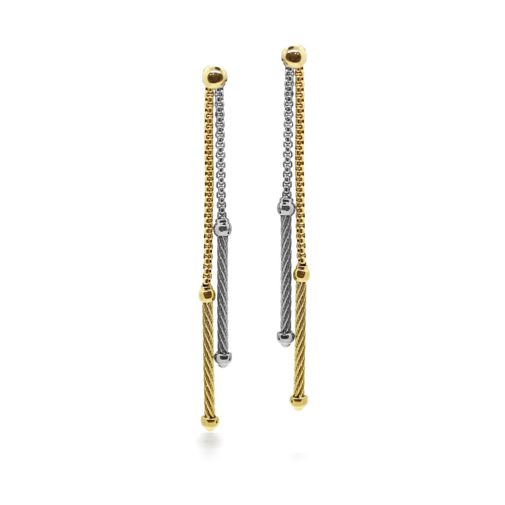 Sleek and modern these dangle earrings by Alor have been created from their patented heat treated stainless steel cable mixed with 18k yellow and white gold. Perfect for a lightweight everyday earring.<div><br></div><div><ul><li>Available in Yellow/Grey or Yellow/Black</li><li>18k Gold Post and Findings</li><li>Lightweight</li></ul></div> Grey & Yellow Chain Double Drop Cable Earrings