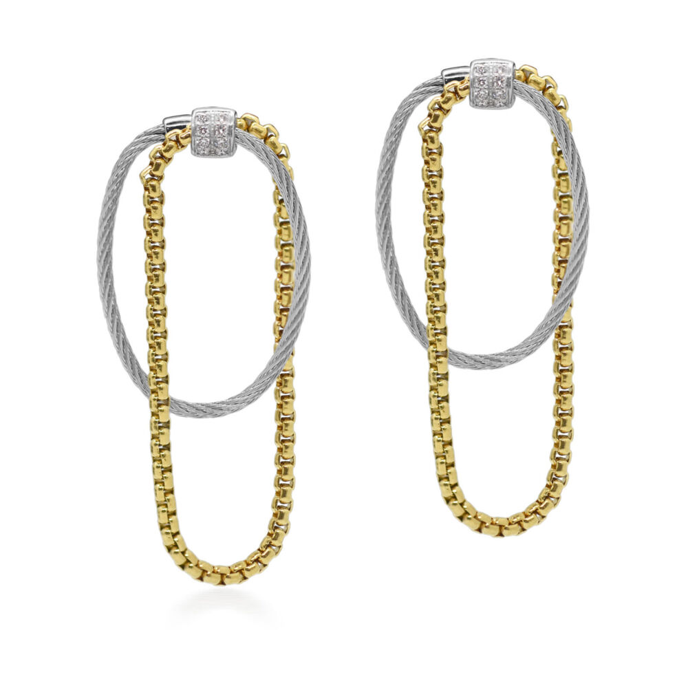 Easy to wear lightweight dangle earrings featuring Alor's signature stainless steel cable, chain, and diamonds. A great earring if you're looking for a little movement.<div><br></div><div><ul><li>Available in Yellow/Grey & Yellow/Black</li><li>18k Gold Post and Findings</li><li>Lightweight</li></ul></div> Chain & Cable with Diamonds Drop Earrings