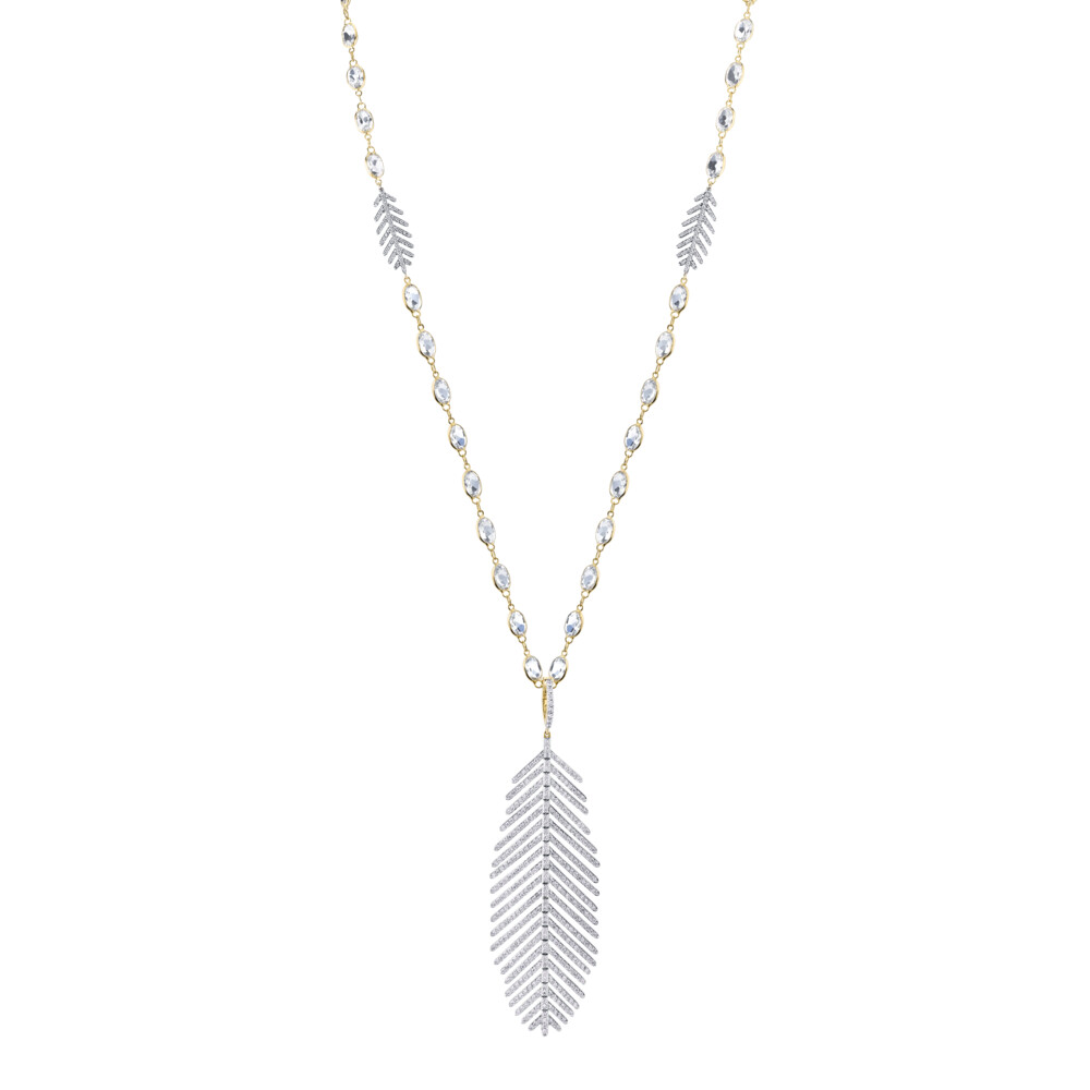 <div style="color: rgb(68, 68, 68); font-family: "Open Sans"; font-size: 11.9px; position: initial; margin: initial;">THE ICONIC LARGE ARTICULATED PAVE DIAMOND FEATHER PENDANT IN 18K ROSE GOLD IS THE PERFECT STAPLE FOR THE CLASSICALLY MODERN WOMAN. WITH 2.16TCW OF ROUND BRILLIANT CUT WHITE DIAMONDS SET SEAMLESSLY INTO THE GOLD CREATING A CARPET OF SPARKLE GLISTENING WITH EACH STEP.</div><ul style="padding: 10px 20px 10px 30px; margin-block-end: 0px; margin-block-start: 0px; float: left; width: 440px; color: rgb(68, 68, 68); font-family: "Open Sans"; font-size: 11.9px; position: initial; margin: initial;"></ul> Feather Pendant Necklace with White Diamond Detail