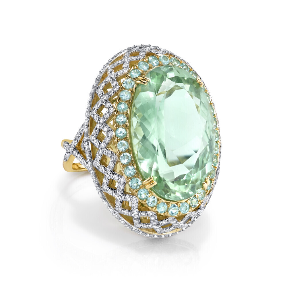 Image 2 for Mint Green Tourmaline RIng with Paraiba and White Diamond Detail