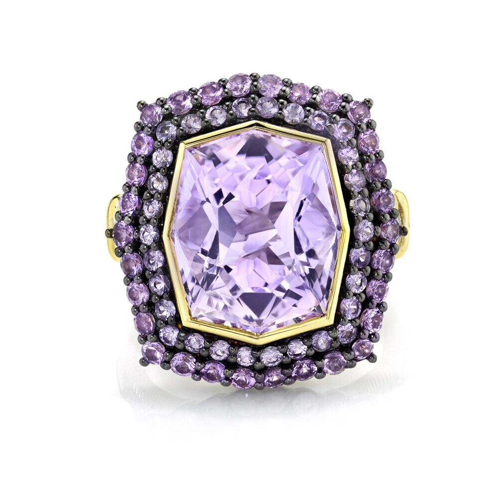 <span style="font-size: 16.8px; position: initial; margin: initial;">AS R193T, AMETHYST APROX 14X11.5 (7.25 TCW), WITH 1MM GSI DIAMOND FRENCH PAVE ON SHANK, WITH 1.5MM #M1 PURPLE SAPPHIRE PRONG SET BLACK RHODIUMED- INNER HALO, 1.8MM #M1 PURPLE SAPPHIRE PRONG SET BLACK RHODIUMED-OUTER HALO, 18K-YG, SIZE 6.5</span> Amethyst Ring with Purple Sapphire And White Diamond Detail