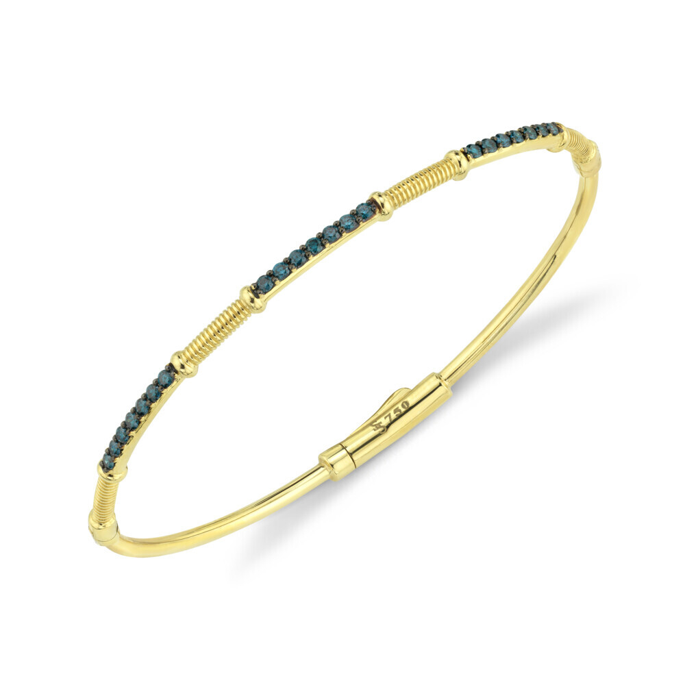 <span style="font-size: 16.8px; position: initial; margin: initial;">3 EQUAL SPACES FOR 1.7MM BLUE DIA, SEPARATED BY 8MM STRIE RONDELS, 2MM HI POLISH TUBE WITH WIRE, I CLASP, 18K-YG, SIZE 6.5</span> Blue Diamond and Strie Detail Bracelet
