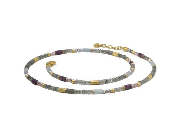 Image 2 for 24k Gold Vermeil Labradorite, Ruby & Natural Pearl Beaded Necklace