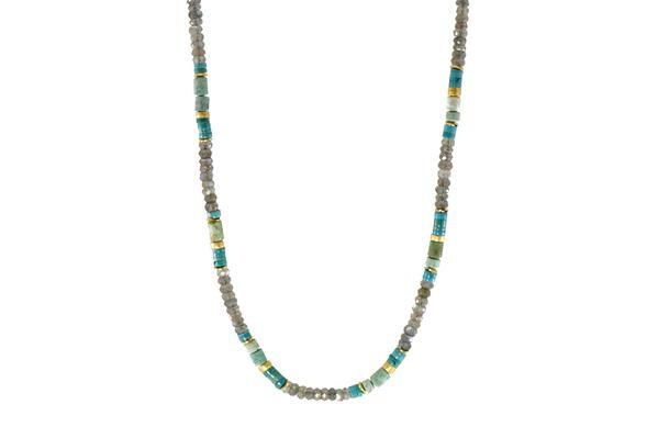 Stone
Title
Chakra
Joyla Name
Turquoise
Stone of Purification
Throat, Thymus, Third-Eye
Self-Realization and Intuition
Labradorite
The Stone of Magic
Root, Heart, Throat, Third-Eye, Crown
Protection and Healing
Labradorite is known for its vibration to illuminate the path of one’s spiritual destiny. It cleanses and realigns all the energy centers within the body, which will help one to develop the proper psychic abilities to best suit them during their spiritual journey. Labradorite lifts insecurities about life by providing one with the strength to see the true worth of their purpose. It’s vibration also holds a broad level of protection to guard from negativity. Have stone in-hand during meditation to feel your vibration raise and blend with the energy of Labradorite. 24k Gold Vermeil Turquoise, Chrysocolla & Labradorite Beaded Necklace