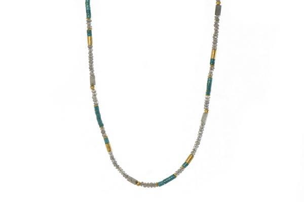 Stone
Title
Chakra
Joyla Name
Turquoise
Stone of Purification
Throat, Thymus, Third-Eye
Self-Realization and Intuition
Labradorite
The Stone of Magic
Root, Heart, Throat, Third-Eye, Crown
Protection and Healing
Labradorite is known for its vibration to illuminate the path of one’s spiritual destiny. It cleanses and realigns all the energy centers within the body, which will help one to develop the proper psychic abilities to best suit them during their spiritual journey. Labradorite lifts insecurities about life by providing one with the strength to see the true worth of their purpose. It’s vibration also holds a broad level of protection to guard from negativity. Have stone in-hand during meditation to feel your vibration raise and blend with the energy of Labradorite. 24k Gold Vermeil Labradorite & Turquoise Beaded Necklace