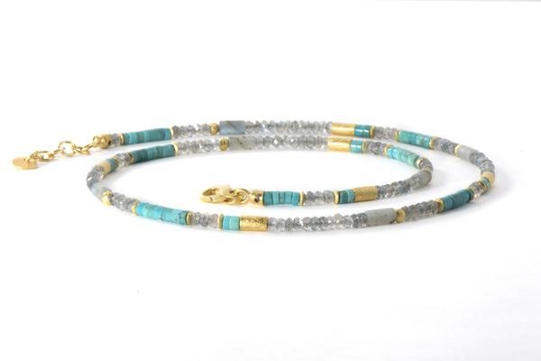 Image 2 for 24k Gold Vermeil Labradorite & Turquoise Beaded Necklace