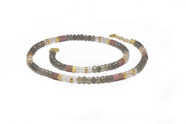 Image 2 for 24k Gold Vermeil Labradorite, Rose Quartz & Rhodonite Beaded Necklace