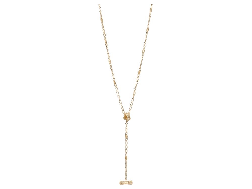 Absolutely one of our best sellers - this versatile chain can be worn in 3 different ways. With a stunning diamond embellished toggle with opal ends, it can be worn as a lariat, doubled (toggle shown off in front) or as just a long chain with the toggle on the side or back. This chain is all handmade in Houston Tx by women. Uniquely designed, it's not a chain you see everywhere. Modified with a slip inside the toggle loop to keep the lariat setting in place. 31'' Sueno 18k Yellow Gold Lariat/Toggle Chain