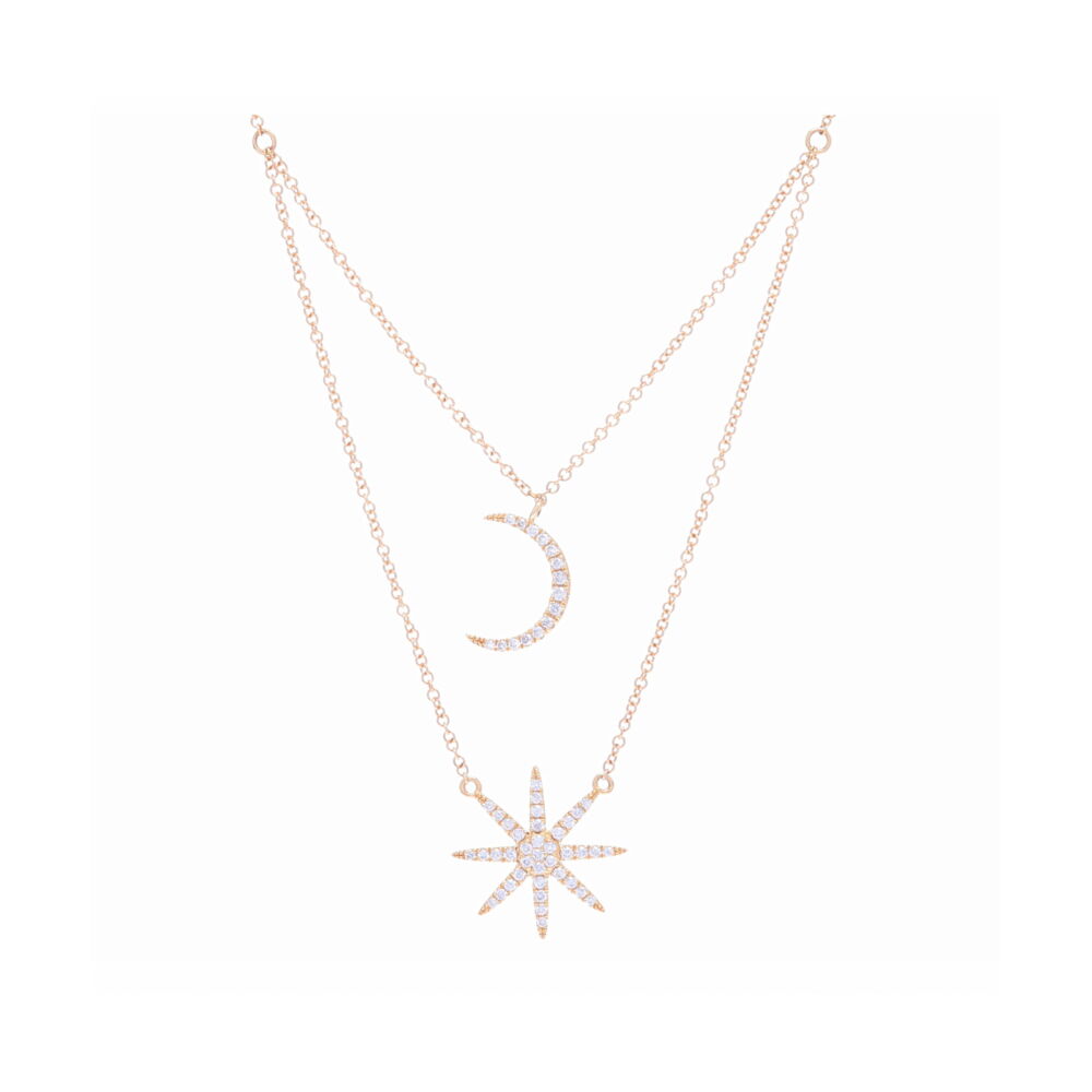 This elegant double drop diamond star necklace sparkles up the room! The moon dangles at 18". Double Star + Moon Necklace
