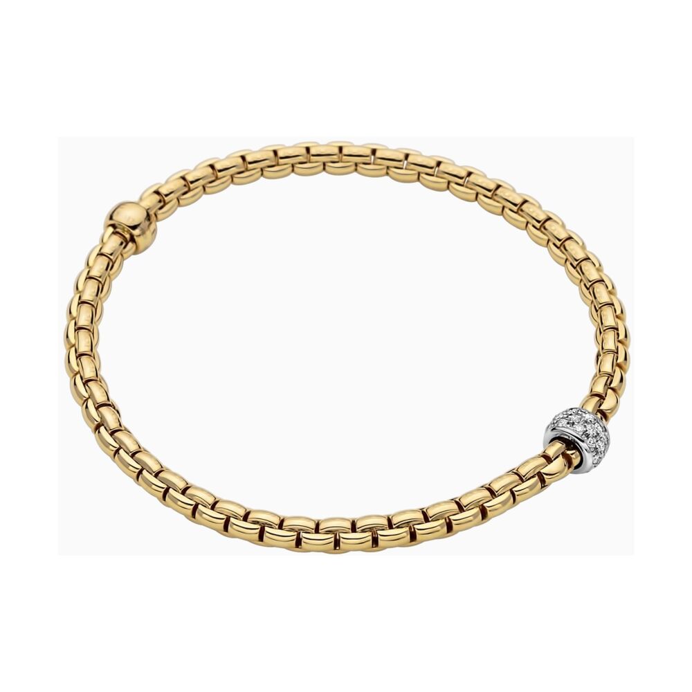 Eka – meaning ‘one’ in Sanskrit – is a whole new way of wearing gold bracelets.Based on one of Fope’s inventions from the 1950s, it applies the concept of flexibility to jewellery, blending together luxury and innovation. With its classic gold mesh design reworked in ultra-contemporary style, Flex’it has proved an instant global success. Each bracelet has over 100 tiny 18k gold coils in the interior that allows the bracelet to expand and contract, rolling perfectly on your wrist. Crafted with 18k Gold and Diamonds 0.19 TCW. Eka Tiny Flex'it 18k Gold Tiny Pave Bracelet with Diamonds 733B PAVE