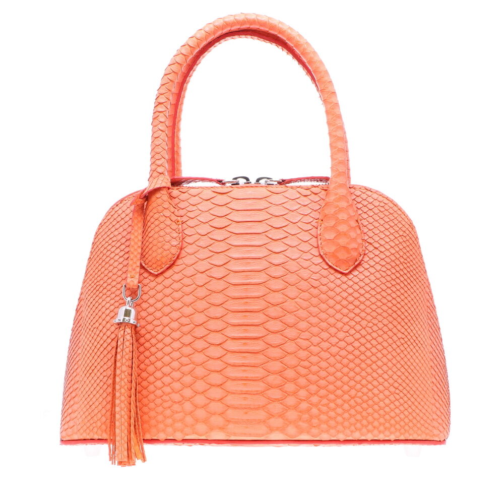 LaNae’s Small Dome is a top handle bag made of genuine orange python skin. Proudly handcrafted in the USA by 3rd generation artisans, all edges are hand painted, interior is garment suede and is detailed with Italian palladium hardware. The interior has a zippered and a cell phone pocket. Under the handles are D rings to attach the over the shoulder strap (up to 25”). Each luxury bag is one of a kind and especially made for you to stand out against the crowd! Orange Python in Small Dome