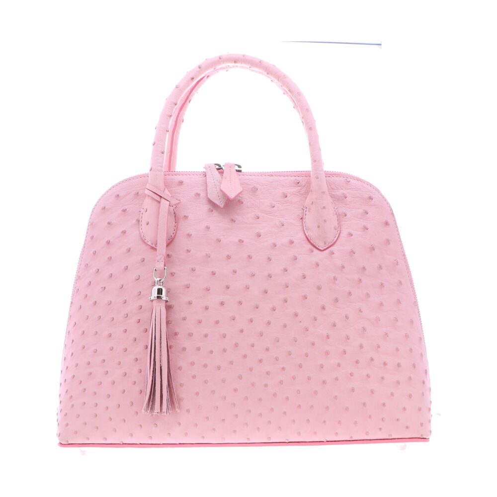 This gorgeous soft baby pink large dome purse, comes in Ostrich. With a garment suede lining inside and italian palladium hardware this purse is lightweight and durable. Perfect for everyday use! Pink Ostrich in Large Dome
