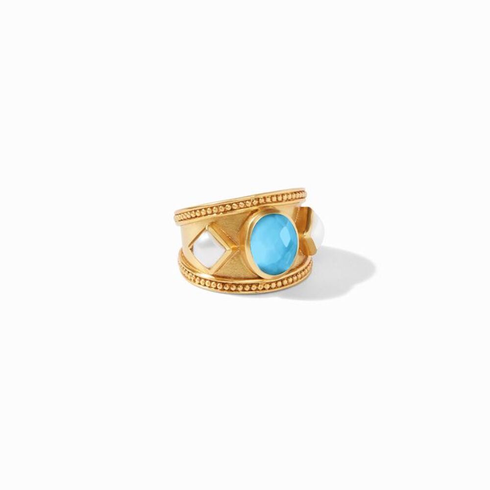 This Loire Stone Ring features two pearls on either side of a large gemstone as the center set stone. Open ended ring, perfect for anyone. Loire Stone Ring