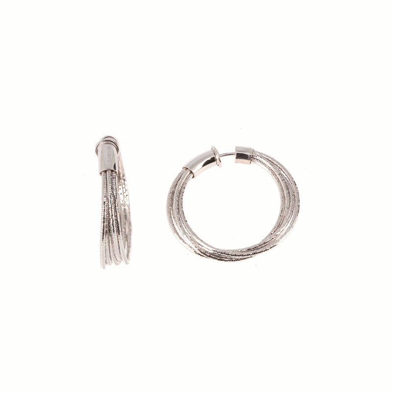 These small hoops are lightweight and stylish. Each earring has five bands of rhodium plated sterling silver which gives it its unique look and flexibility. The diameter of these earring hoops is about 1 1/2". A special and much loved feature about these earrings is that there is no separate back as they are infinity hoops. These earrings would be a nice compliment to a casual look, or classy touch to a dressed up style. DNA Spring Small Hoop Earrings - Rhodium