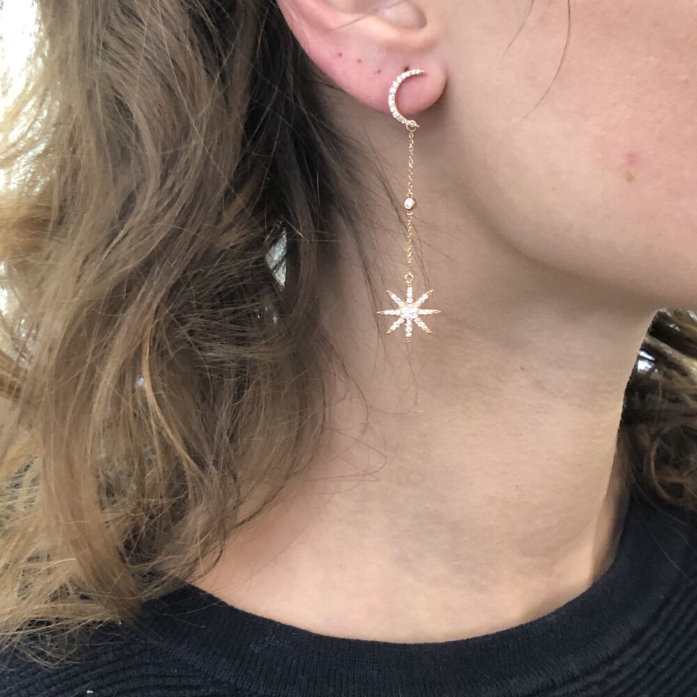 Image 2 for 14K Rose Gold Diamond Moon Studs with Star Drops