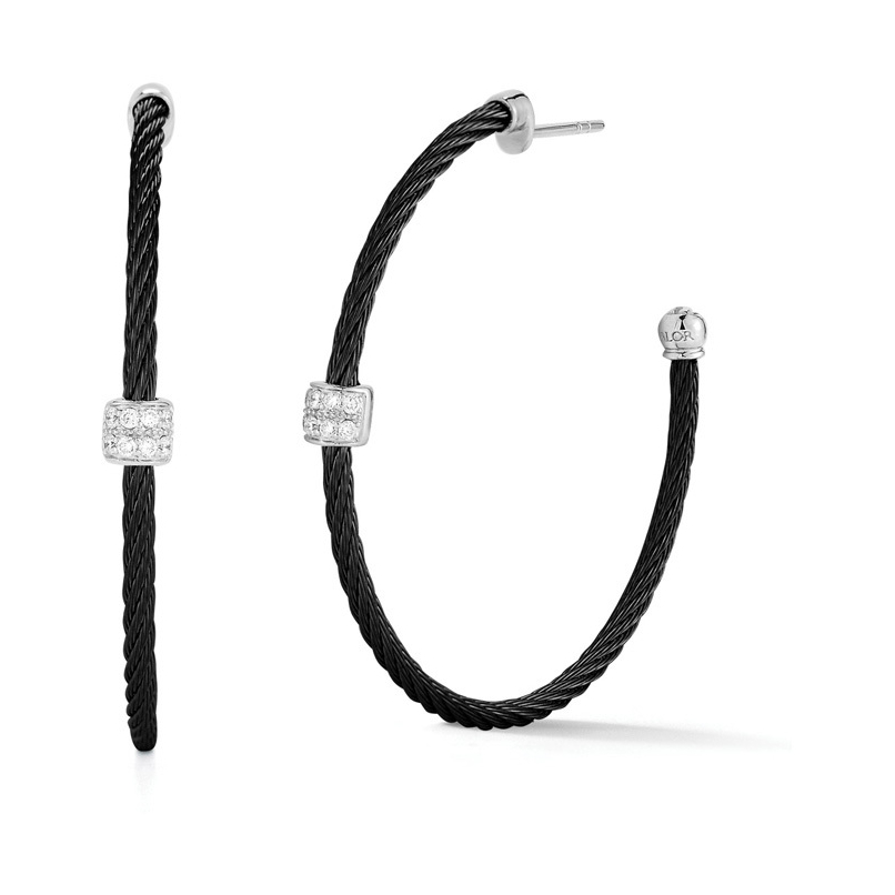 Image 2 for Single Diamond Station Hoop Cable Earrings