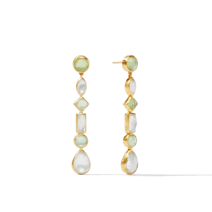 2 inches long, this 24k gold plate earring needs to be seen! Alternating between shapes and shades of imported glass gemstones, this fun piece will make anyone want a second look. Two colors available. Savannah Statement Earring