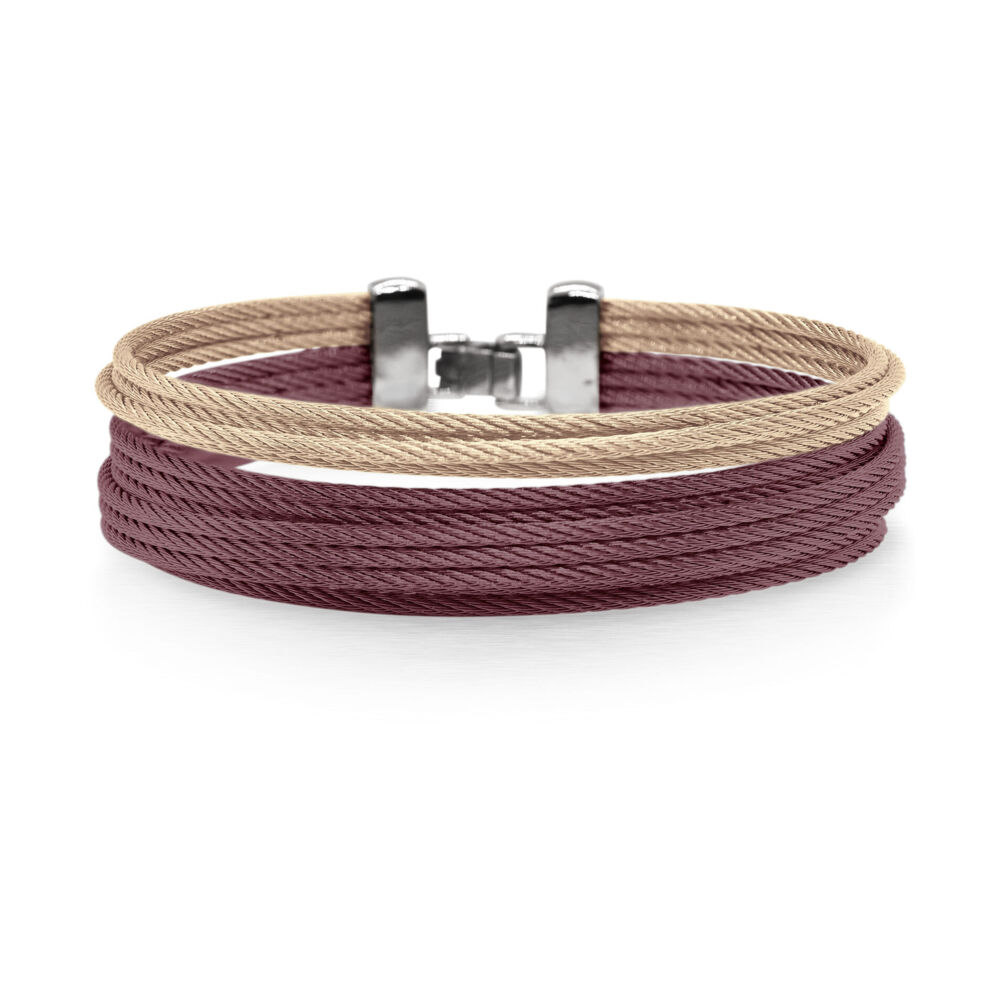 Image 2 for ALOR Classique Women's Multi-Strand Stacked Burgundy and Gold Cable Bangle - ALOR