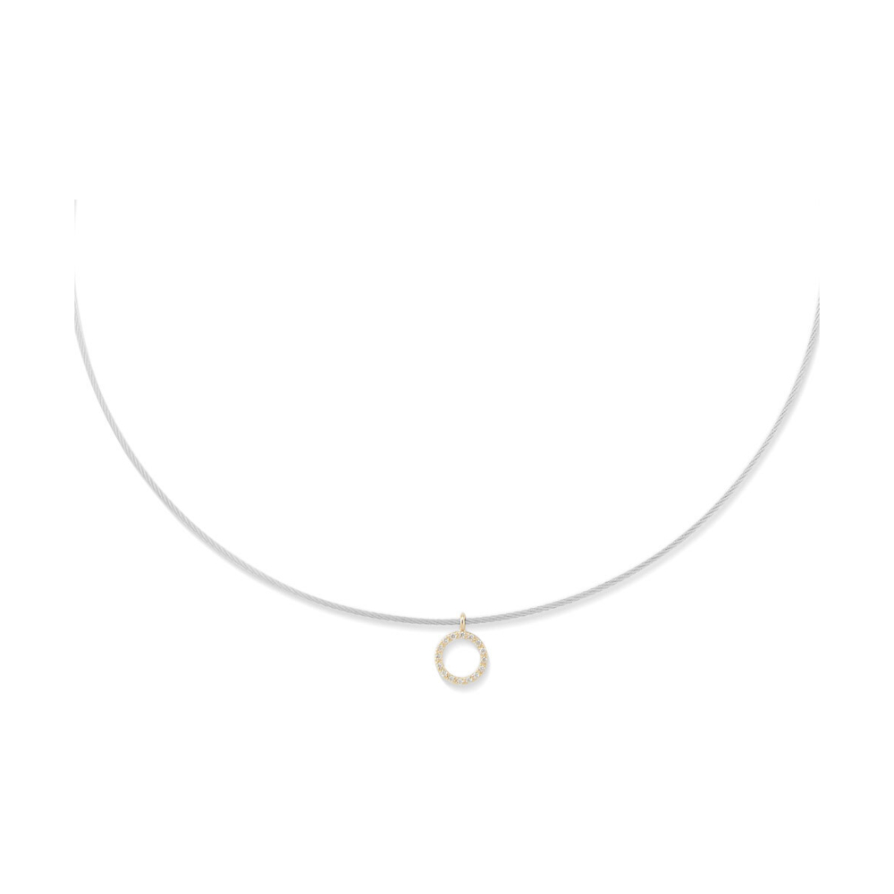 Perfect as a everyday necklace or layered up with several Alor chokers to make it uniquely yours. Alor uses a single delicate strand of their patented heat treated stainless steel cable and have attached a beautifully subtle diamond halo charm. <div><br></div><div><ul><li>Available in Grey, Black, Yellow, and Carnation</li><li>0.14tcw of Diamond</li><li>18k Gold Clasp and Settings</li><li>Lightweight</li><li>Collar Necklace or Choker Necklacer</li></ul></div> Diamond Halo Charm Cable Necklace