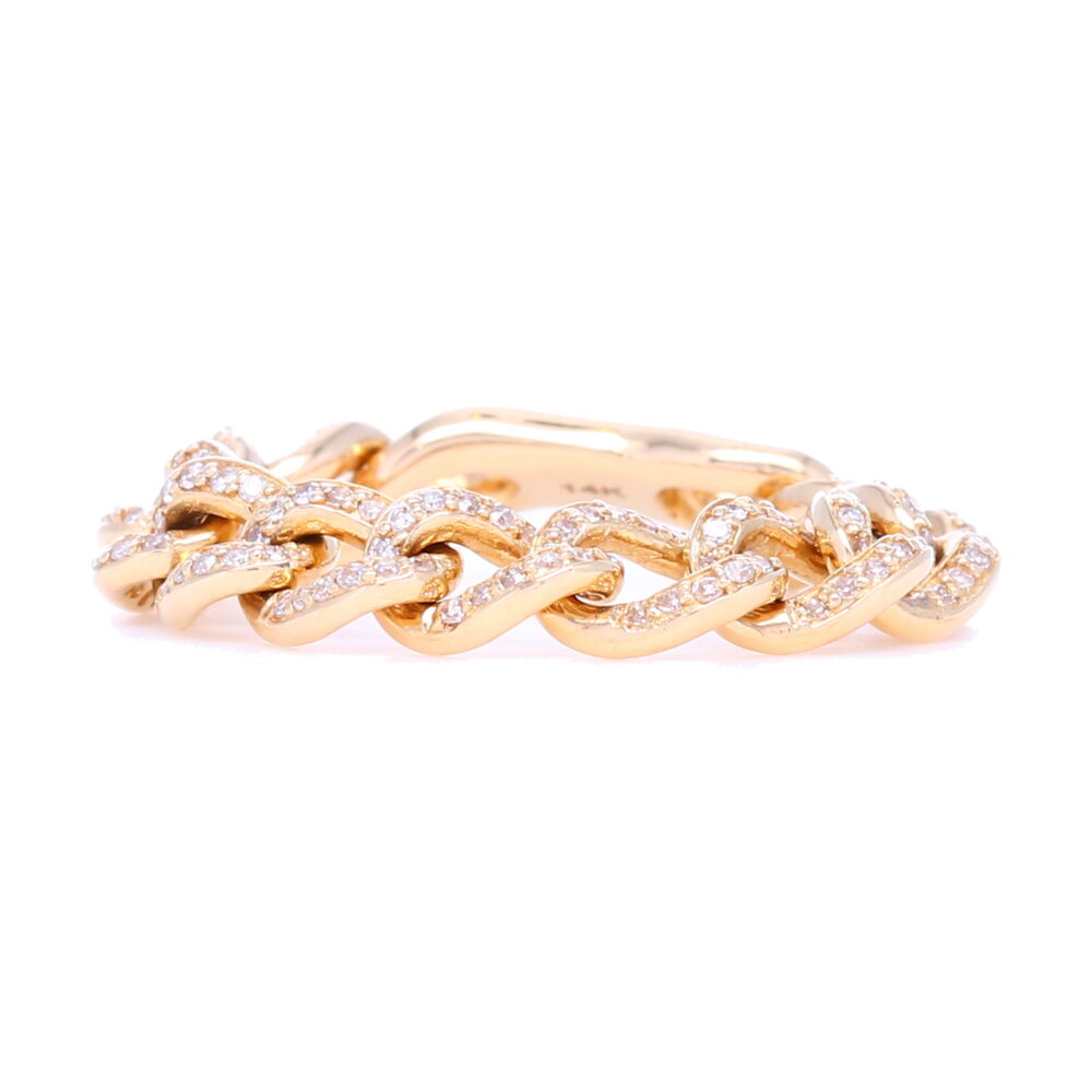 Sooooo comfortable and so stylish, if you love negative space and flexible rings you will fall in love with this. Hard for us to keep in stock this ring plays nicely with others. If you had to start with one, I'd recommend this or our Vine Stack ring. Spacer bar in the back for if you change size this ring you'll wear for years. 14k Gold Flexible Pave Curb Link Stack Ring