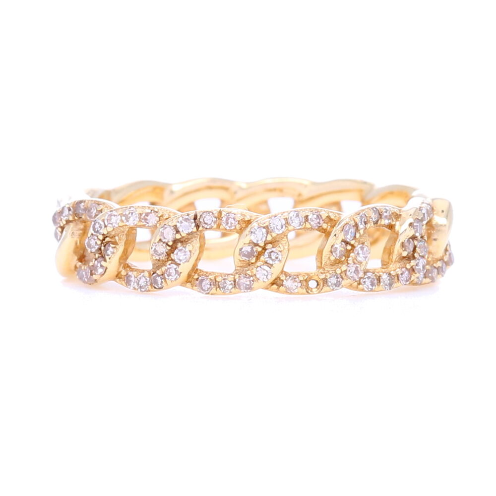 This 14k gold pave diamond fixed curb link ring is thick enough to wear on it's own but thin enough to comfortably stack. Just enough diamonds to make a statement but not too loud. 14k Gold Pave Diamond Fixed Curb Link Ring