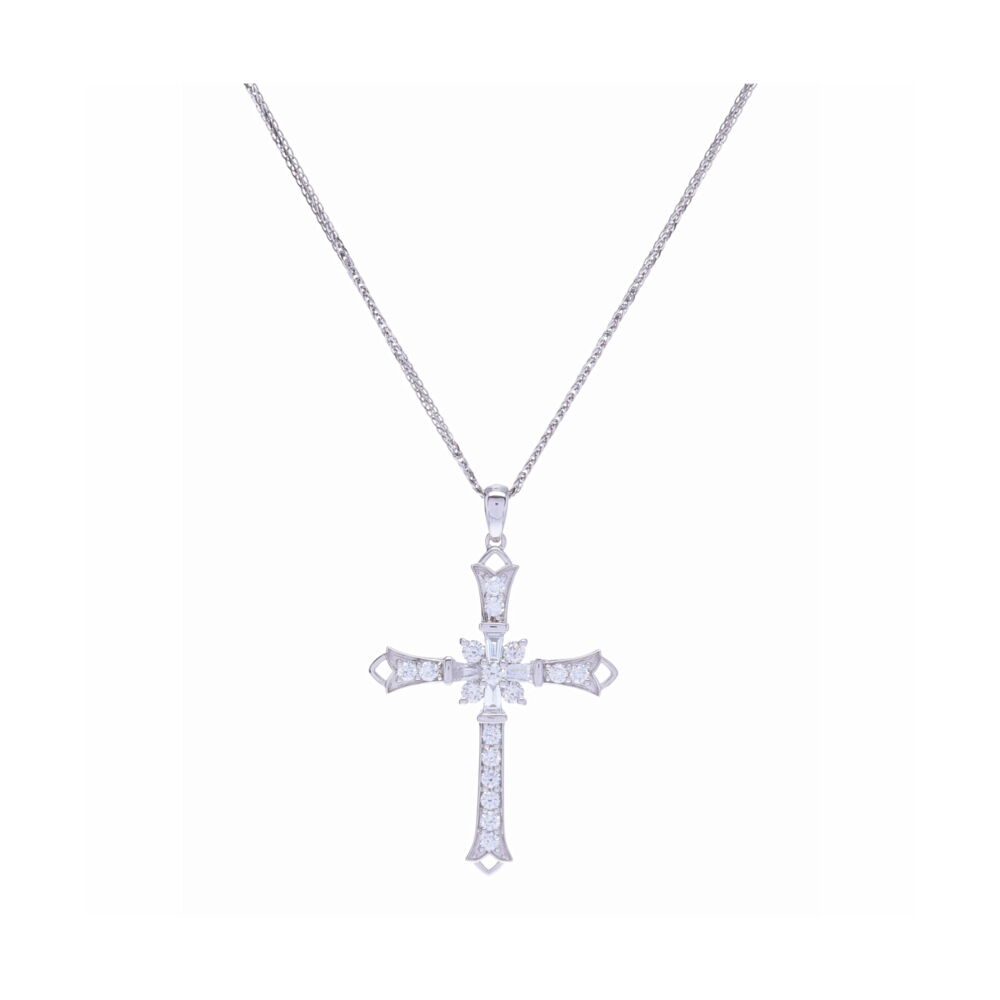 This beautiful cross contains .86 carats of diamonds that are set into 3.07 grams of 18k white gold. The pendant is displayed with an 18k white gold chain that is sold separately. 18k White Gold and Diamond Cross Pendant