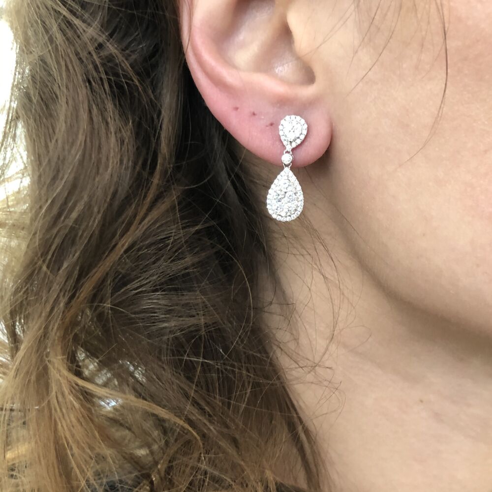 Image 2 for 18k White Gold Pear Shaped Dangling Diamond Cluster Earrings