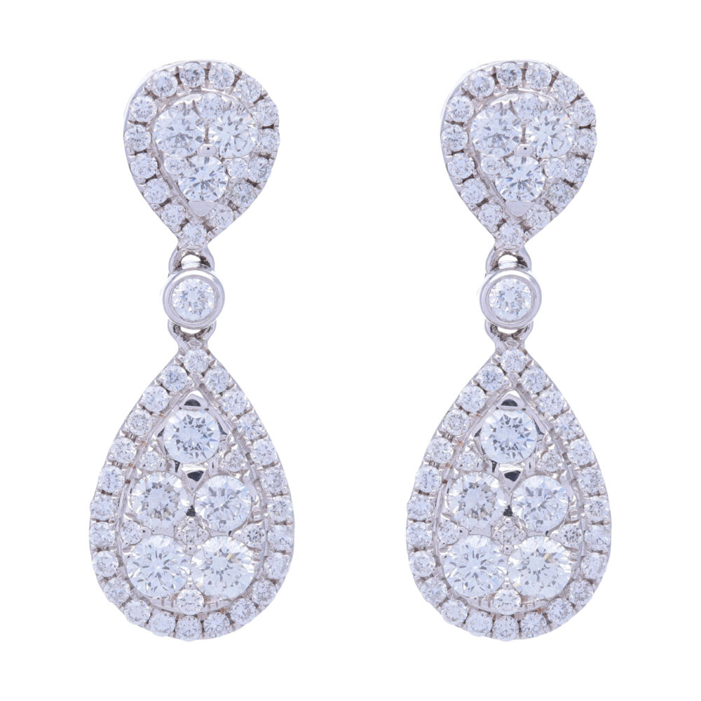 18k white gold ~2 carats of diamonds cluster earrings with a post back are elegant, easy to wear and super bright. 18k White Gold Pear Shaped Dangling Diamond Cluster Earrings
