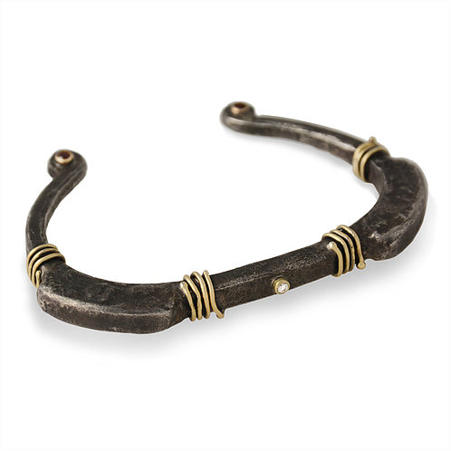 Shompole Collection - Oxidized SS Primitive Cuff w/18k Wire Wrap, Diamond, and Garnets Oxidized SS Primitive Cuff w/18k Wire Wrap, Diamond, and Garnets