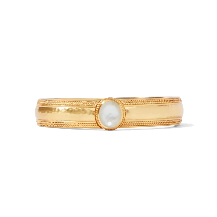 24k gold plate hinge bracelet with a chevron boarder: with one large gemstone with rose cut imported glass and a mother of pearl doublet. Coin Hinge Bangle