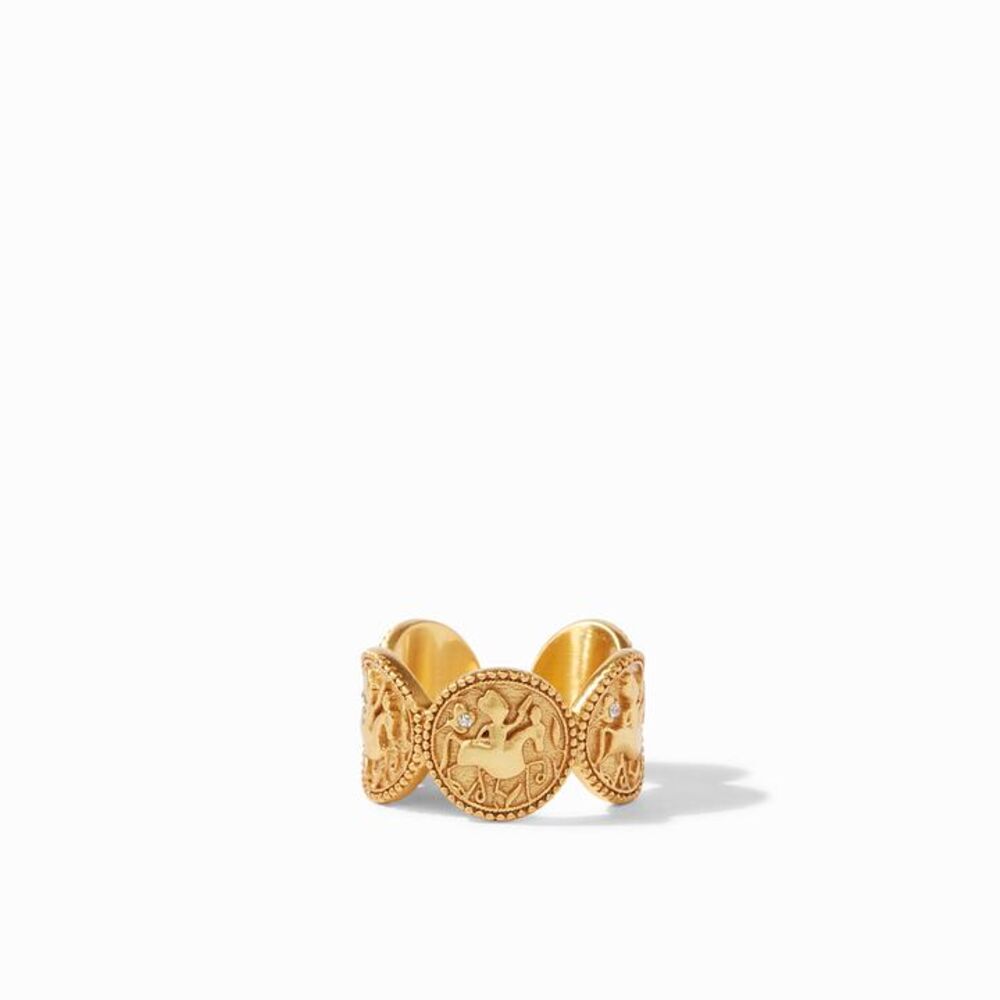 24k gold plated statement ring. This ring features 5 coins, displaying a man on horseback, placed together to form a band ring. Coin Statement Ring