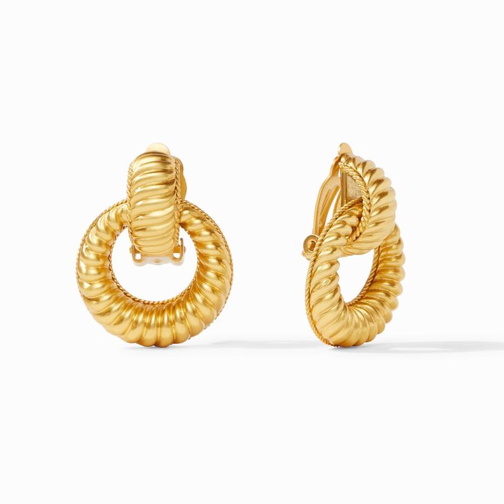 These 24k gold plate clip on earrings are classic. Wear with anything in the collection for a complete look. Olympia Doorknocker Earrings