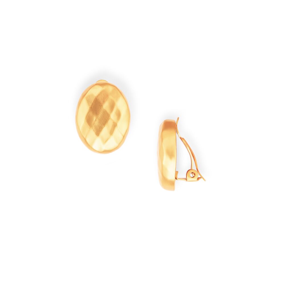 The clip on earring features hammered gold in an oval stud. Made out of 24k gold plated on nickel free brass. Savannah Clip On Earring