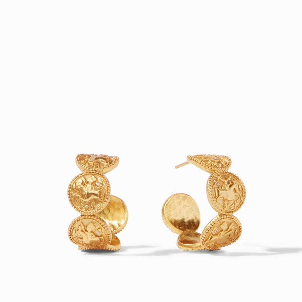 A 24k gold plated earring made up of a series of 5 coins displaying a man on horseback: with a CZ stone as the horse's eye. Coin Hoop